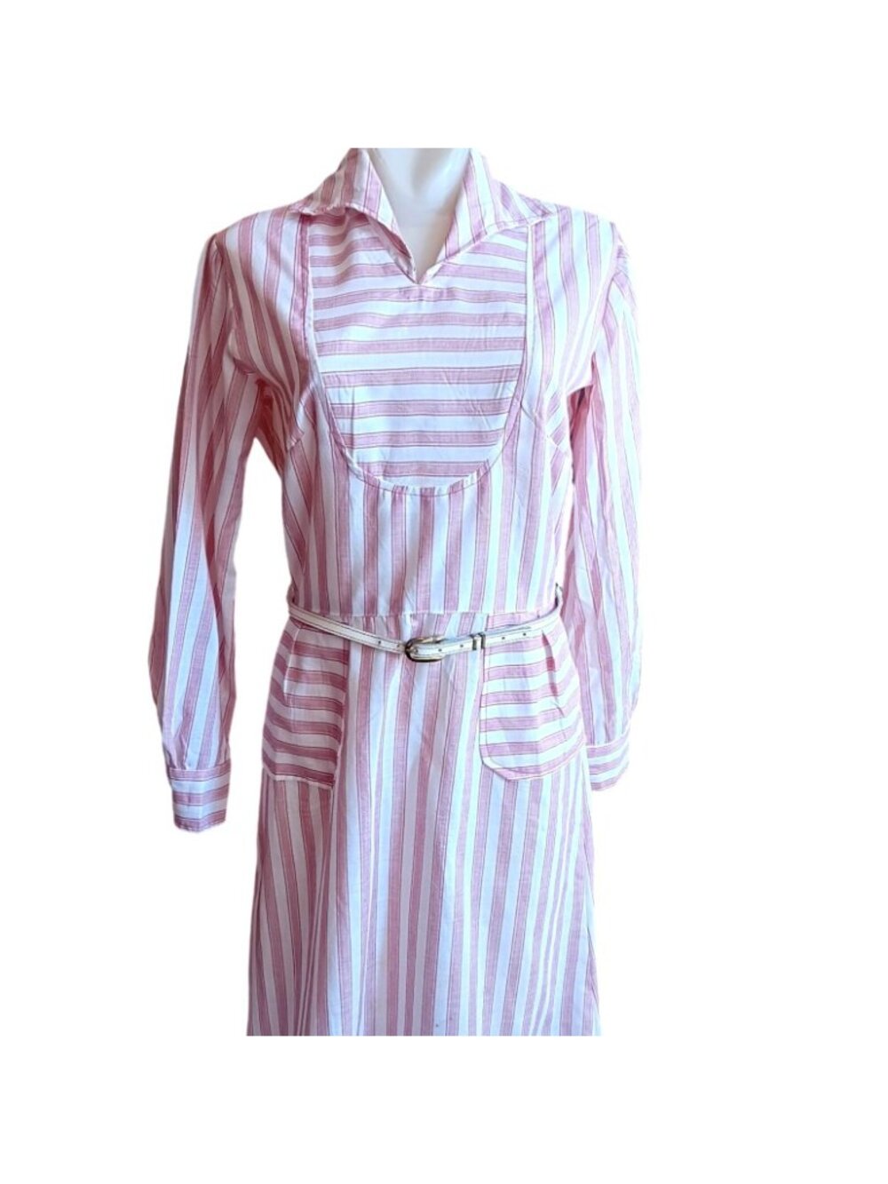 9 True Vintage Chore Dress Pink/White Striped Country House Dress 1970's Farm